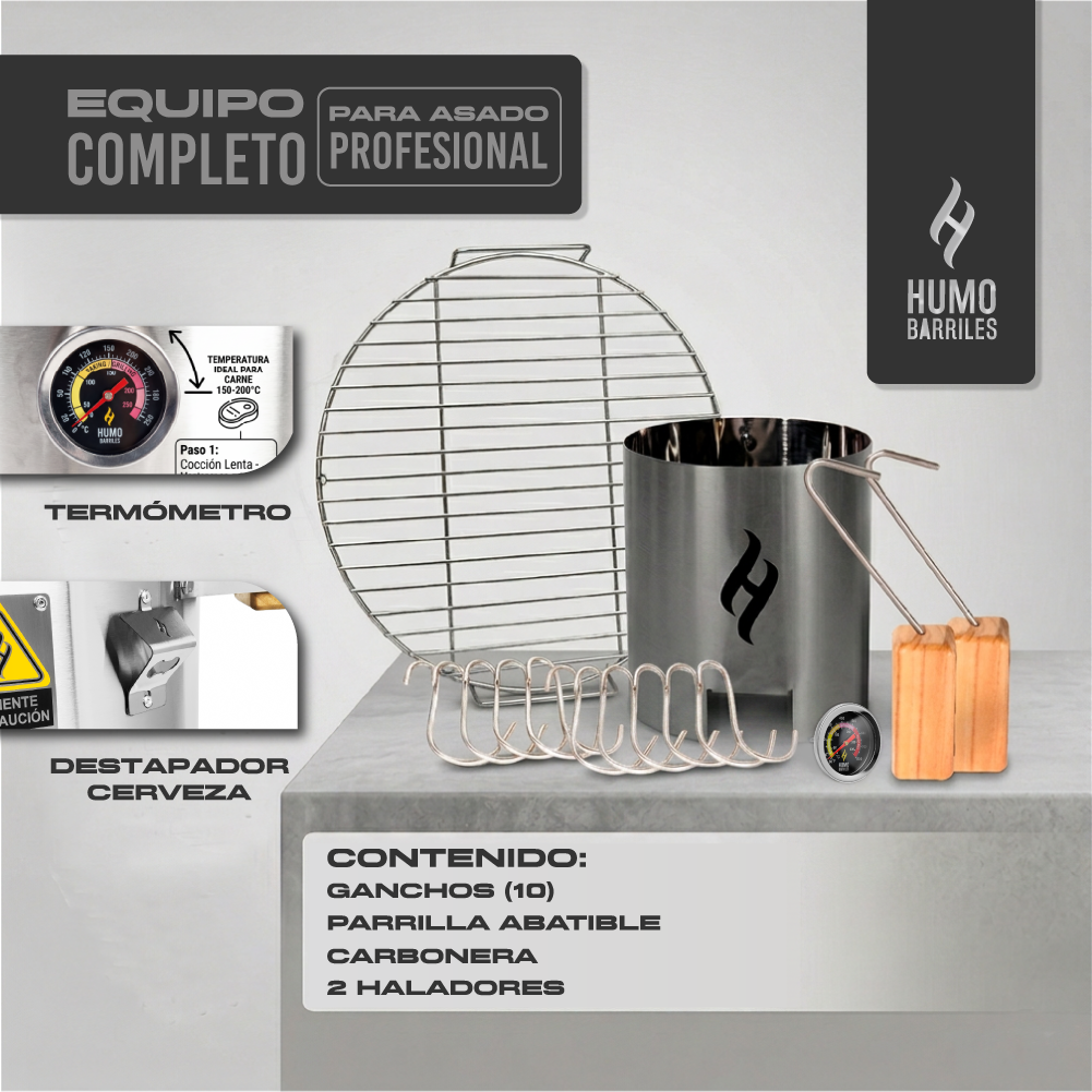 Equipo completo del combo de 13 Kg: termómetro, parrilla abatible, 10 ganchos, carbonera y 2 haladores
