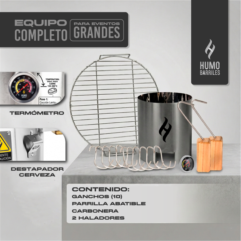 Equipo completo del combo de 18 Kg: termómetro, parrilla abatible, 10 ganchos, carbonera y 2 haladores