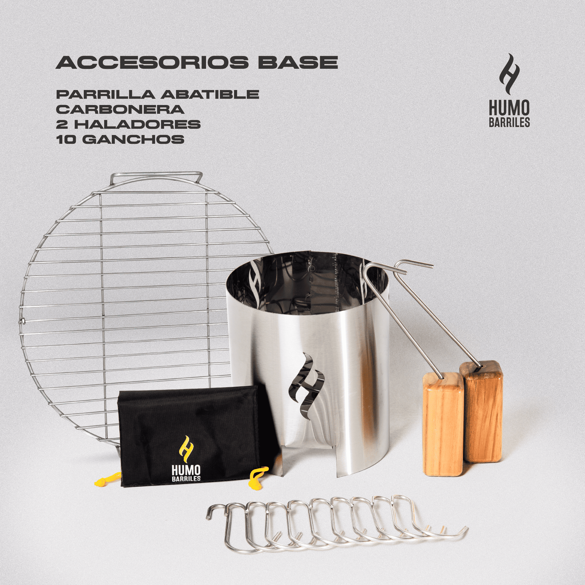 Accesorios base del barril asador Grande de 18 Kg: carbonera, dos asas con mango de madera de teca, parrilla abatible y 10 ganchos