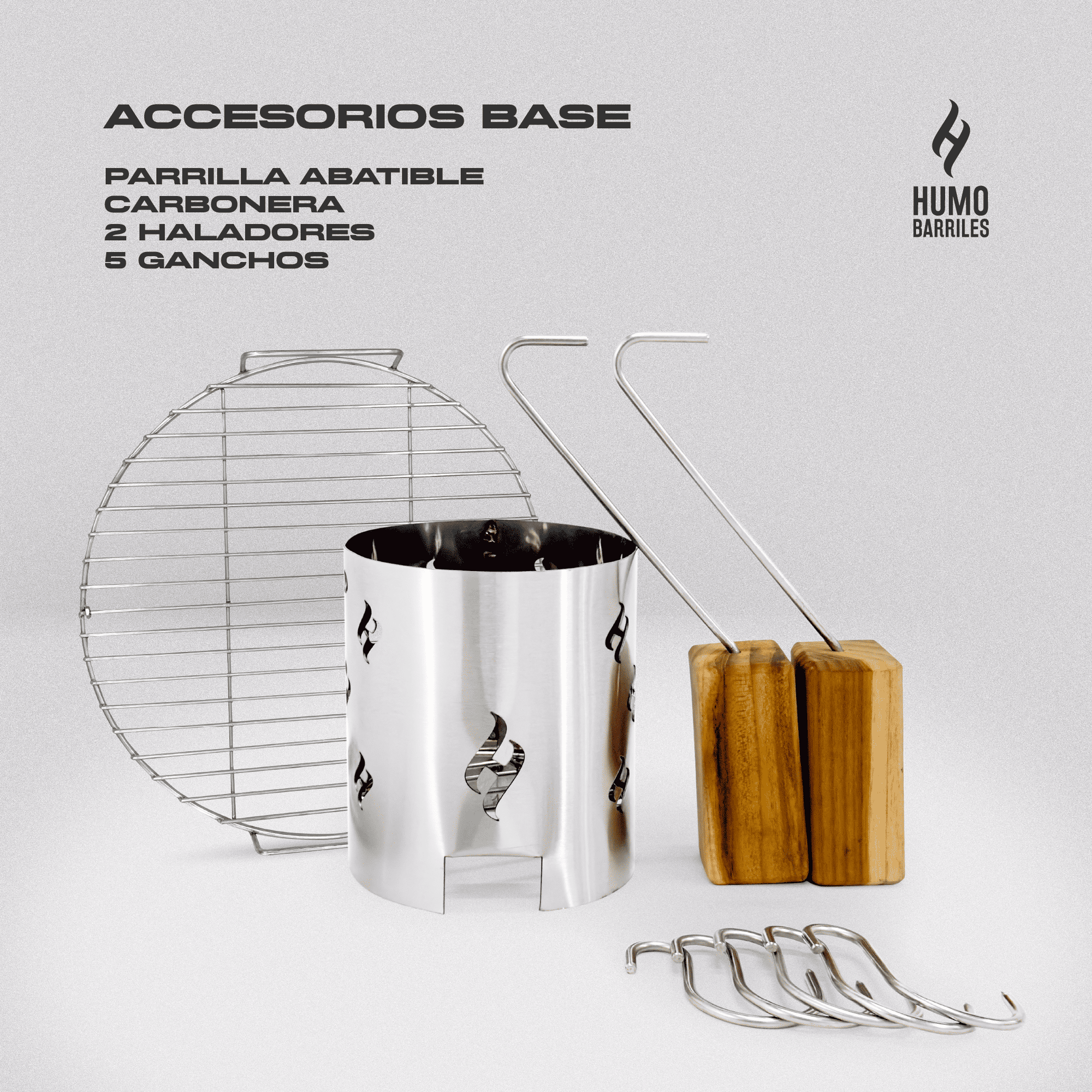 Accesorios base del barril asador Mini de 4 Kg: carbonera, dos asas con mango de madera de teca, parrilla abatible y 5 ganchos