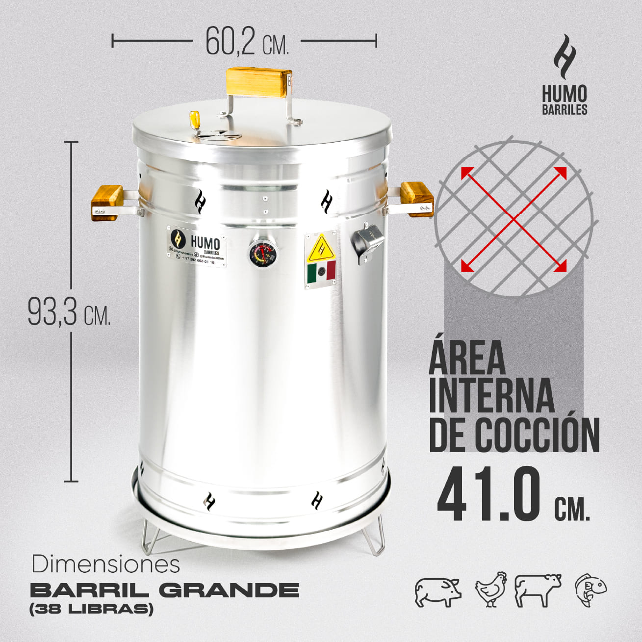 Medidas del barril asador Grande de 18 Kg: 93.3 cm de alto, 60.2 cm de ancho y 41 cm de área de cocción interna