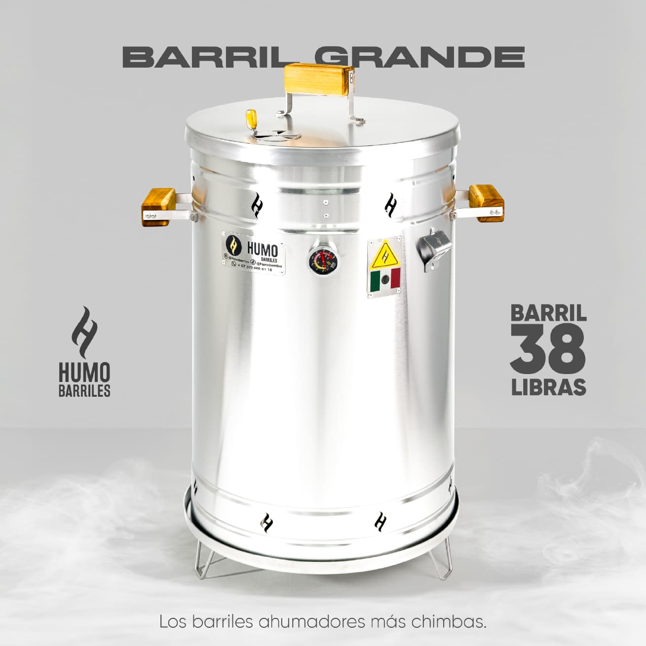 Barril asador Grande de 18 Kg en acero inoxidable, con sus medidas de 93.3 cm de alto y 60.2 cm de ancho
