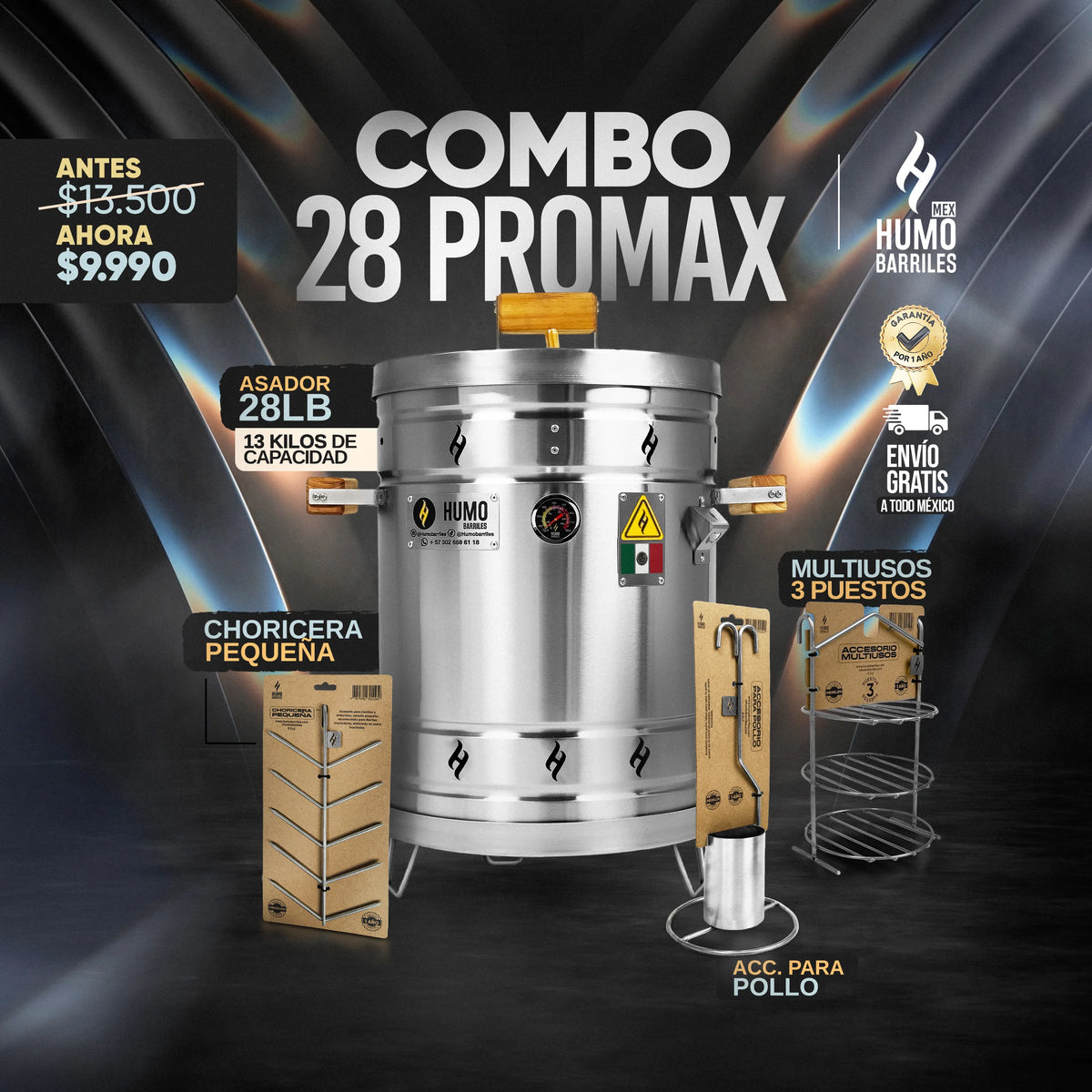 Combo Barril Asador 13 Kg Pro Max con choricera pequeña, accesorio para pollo y multiusos de 3 puestos