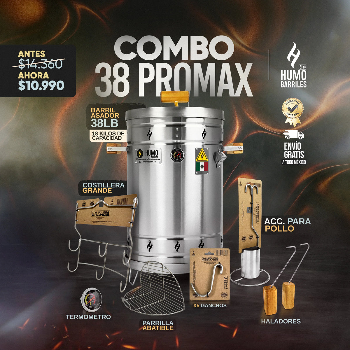 Combo Barril Asador 18 Kg Pro Max con costillera grande, accesorio para pollo, termómetro, parrilla abatible, ganchos y haladores