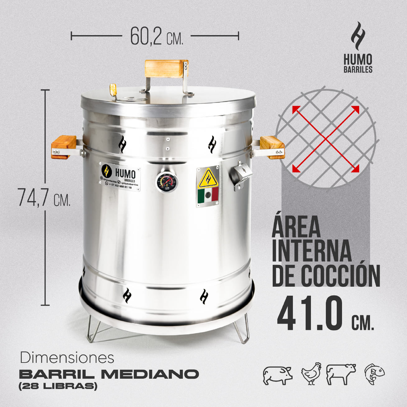 HUMO BARRIL MEDIANO
28L
Alto 74,7cm 
Ancho 60,2cm
Área de cocción interna 41cm