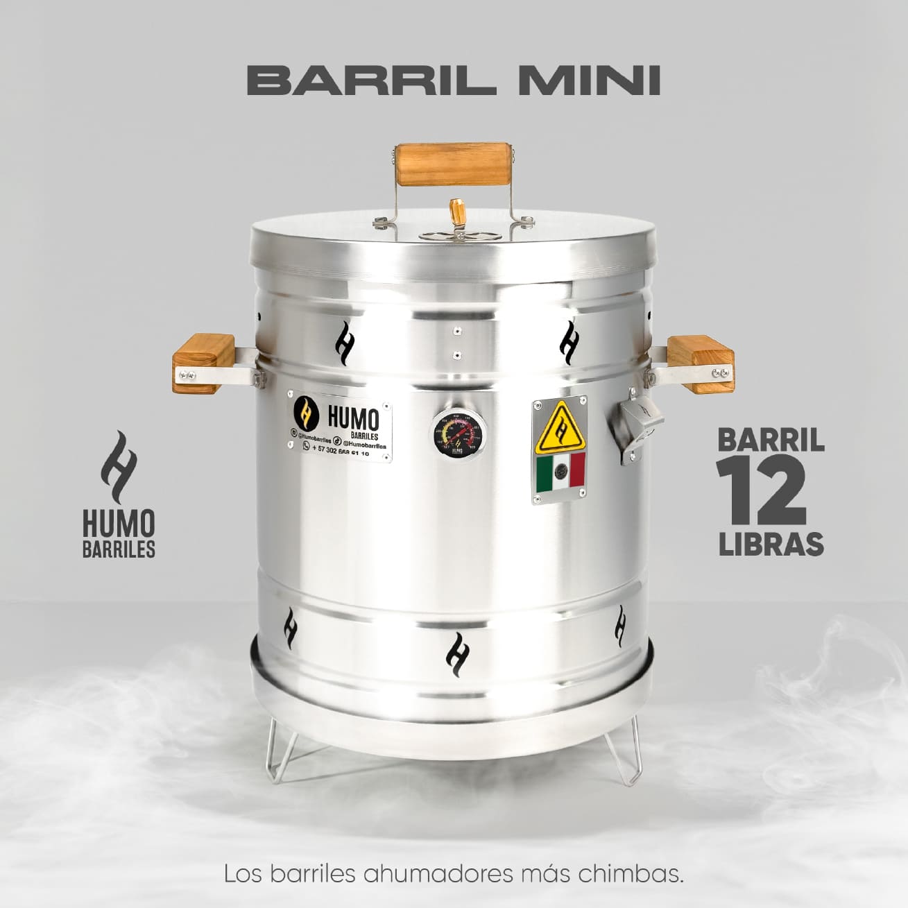 HUMO BARRIL MINI
12 Libras
Termómetro
Destapador
Tapa con mago de madera 