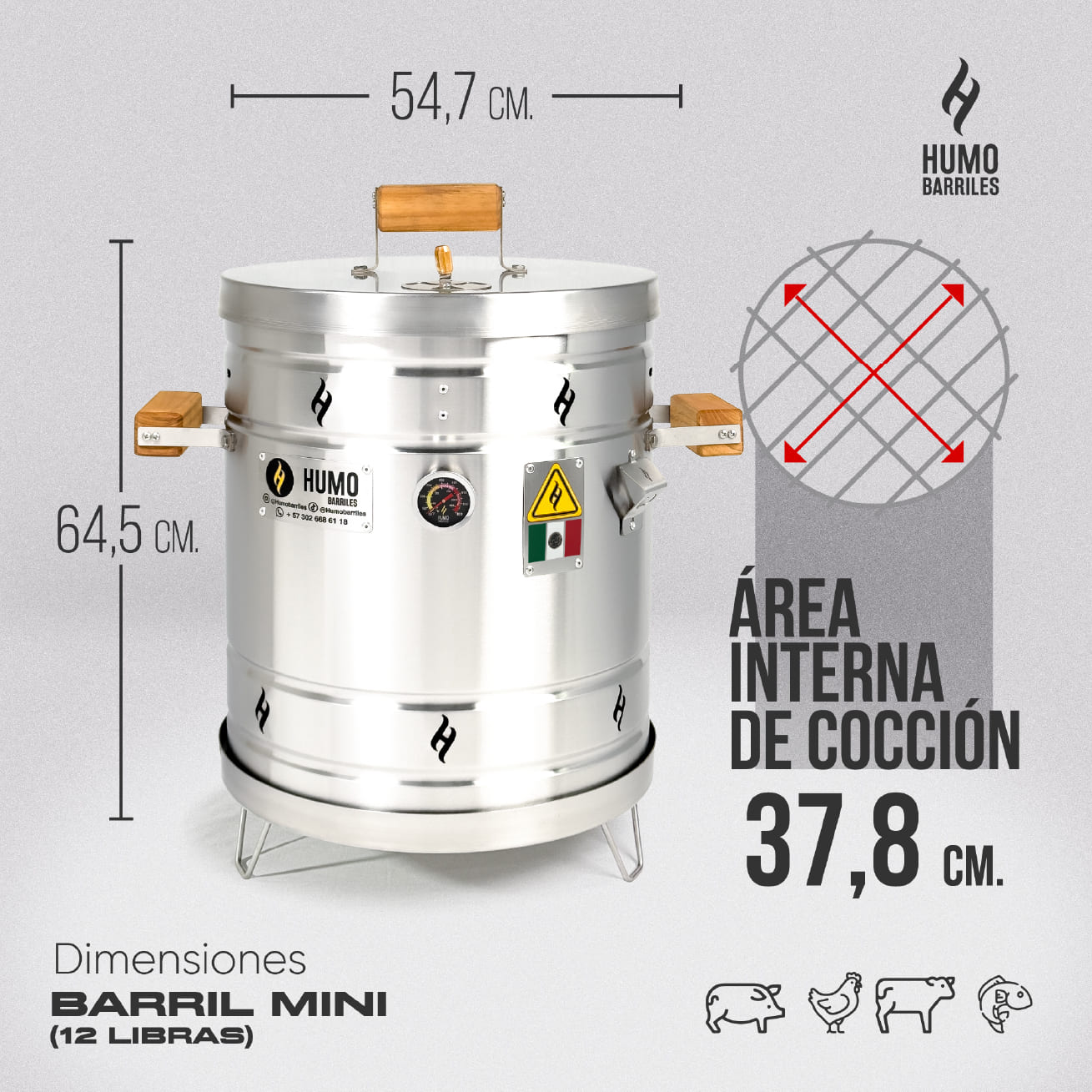 Medidas del barril asador Pequeño de 6 Kg: 64.5 cm de alto, 54.7 cm de ancho y 37.8 cm de área de cocción interna