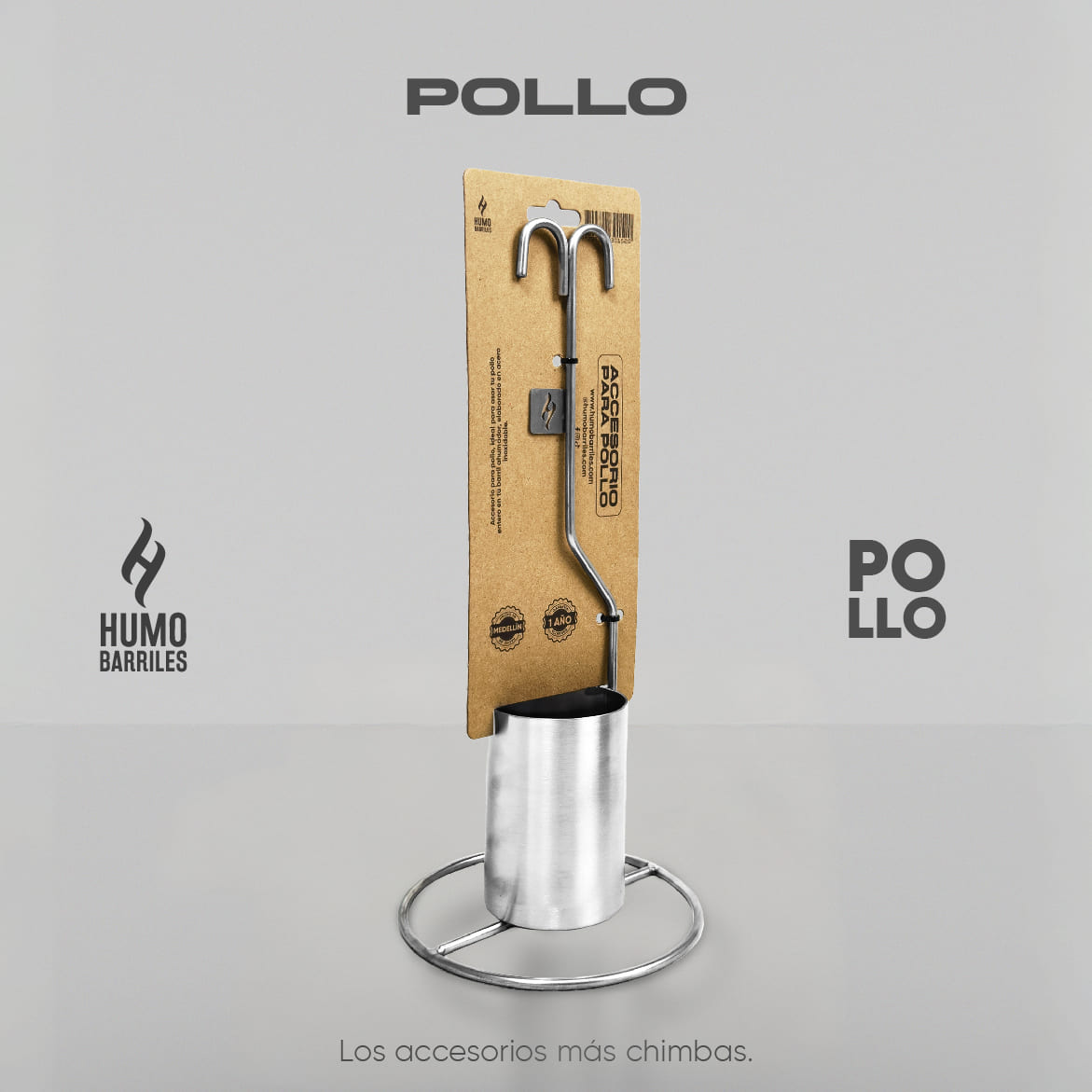 Accesorio para pollo de acero inoxidable con su base y gancho