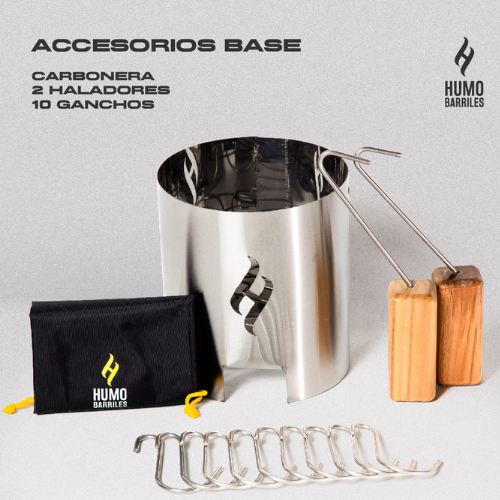 Accesorios base del barril asador de 13 Kg: carbonera, dos asas con mango de madera de teca y 10 ganchos de acero inoxidable