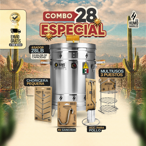Combo Especial 28: barril asador Humo Barriles de 13 Kg con choricera, multiusos de 3 puestos, accesorio para pollo y 5 ganchos