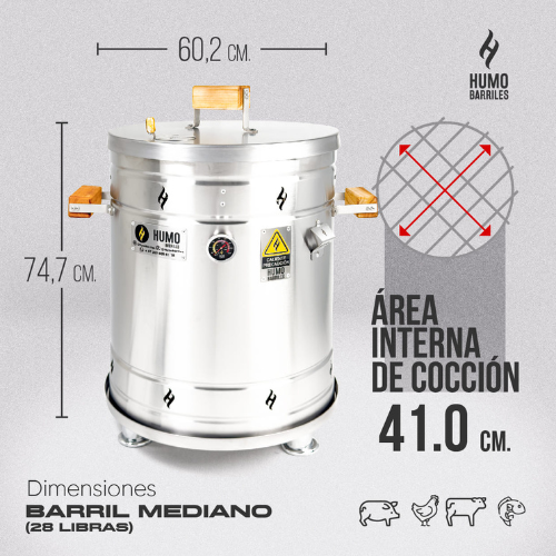 Medidas del barril asador Mediano de 13 Kg: 74.7 cm de alto, 60.2 cm de ancho y 41 cm de área interna de cocción